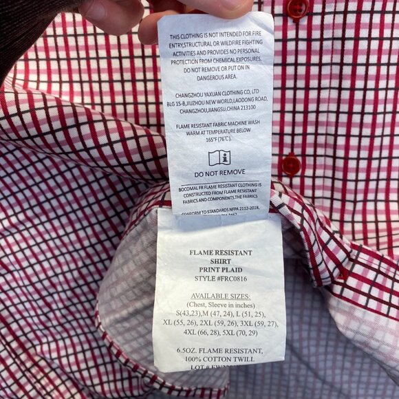 Bocomal FR Red Plaid NFPA 2112 CAT 2 Sz XL Flame Resistant Long Sleeve Button Up - Picture 12 of 16